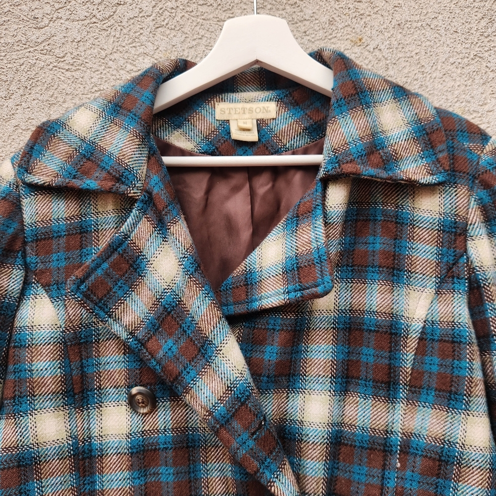 STETSON Women's Pea Coat Medium Plaid Blue Wool Blend Lined Outdoors - Picture 2 of 10